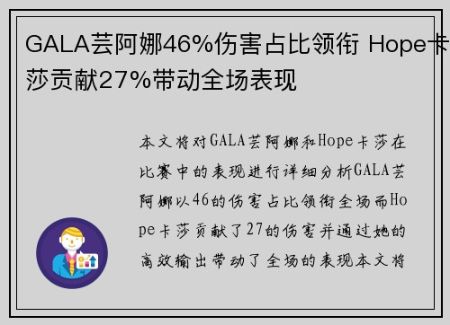 GALA芸阿娜46%伤害占比领衔 Hope卡莎贡献27%带动全场表现
