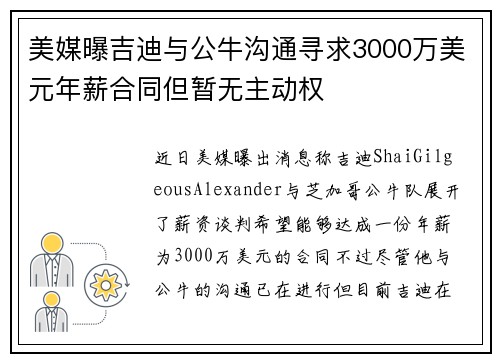 美媒曝吉迪与公牛沟通寻求3000万美元年薪合同但暂无主动权