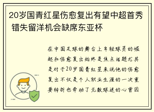 20岁国青红星伤愈复出有望中超首秀 错失留洋机会缺席东亚杯