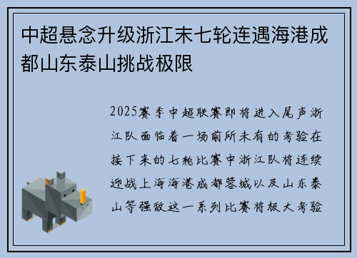 中超悬念升级浙江末七轮连遇海港成都山东泰山挑战极限